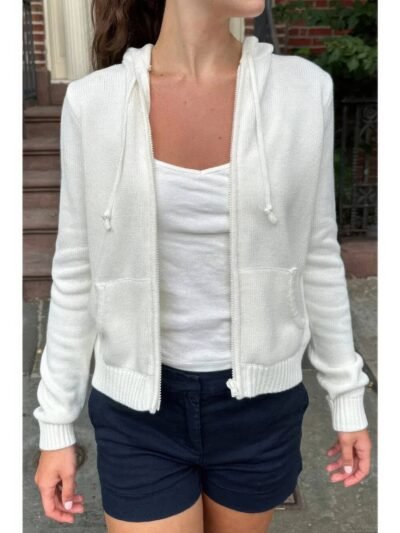 Solid Ribbed Knit Zipper Pockets Hoodie