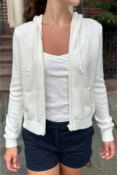 Solid Ribbed Knit Zipper Pockets Hoodie