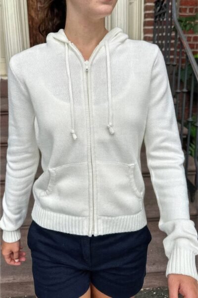 Solid Ribbed Knit Zipper Pockets Hoodie