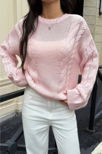 Solid Round Neck Cable Knit Pullover Sweater