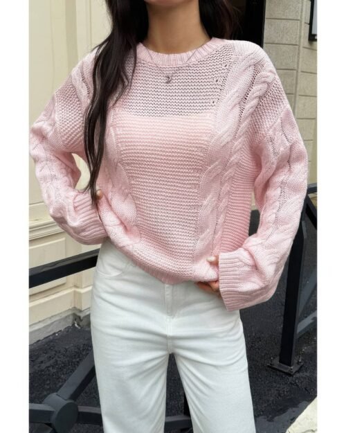 Solid Round Neck Cable Knit Pullover Sweater