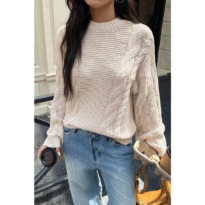 Solid Round Neck Cable Knit Pullover Sweater