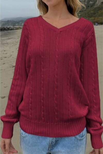 V Neck Solid Long Sleeves Cable Knit Sweater