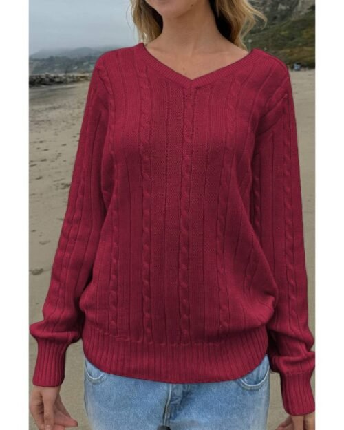 V Neck Solid Long Sleeves Cable Knit Sweater