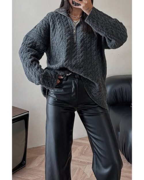 Cable Knit Half Zipper Solid Loose Sweater