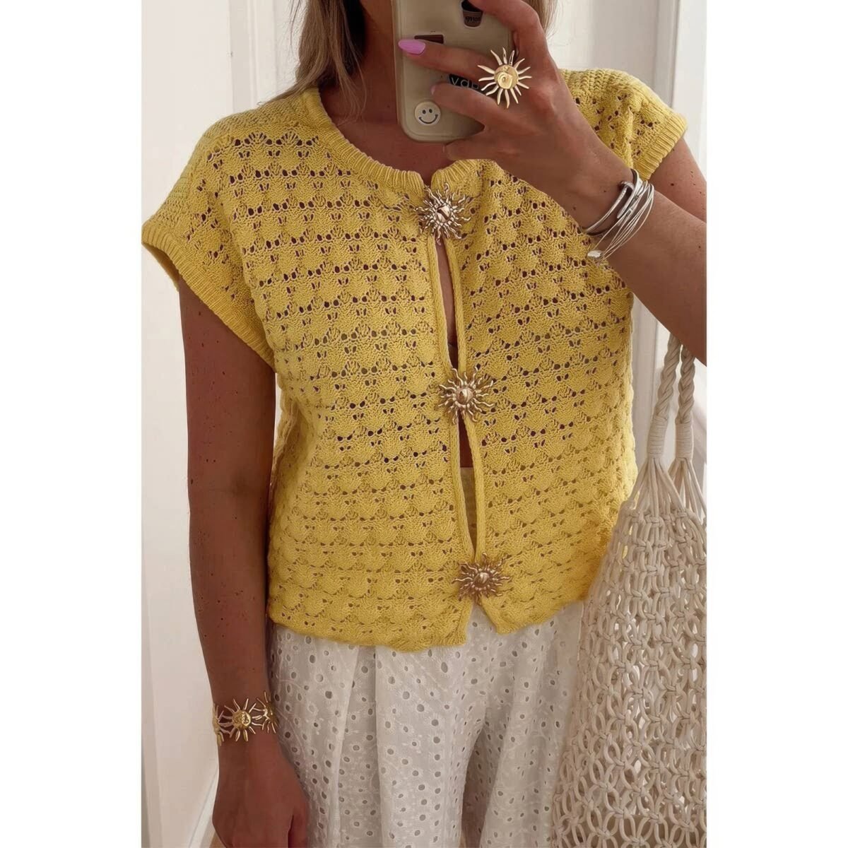 Crochet Short Sleeve Button Front Sweater