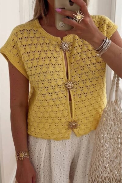 Crochet Short Sleeve Button Front Sweater