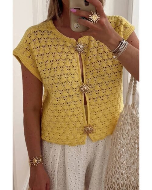 Crochet Short Sleeve Button Front Sweater