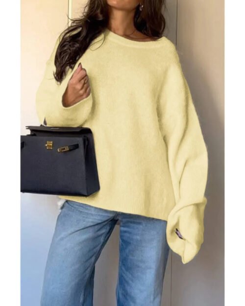 Solid Round Neck Long Sleeved Knit Loose Sweater
