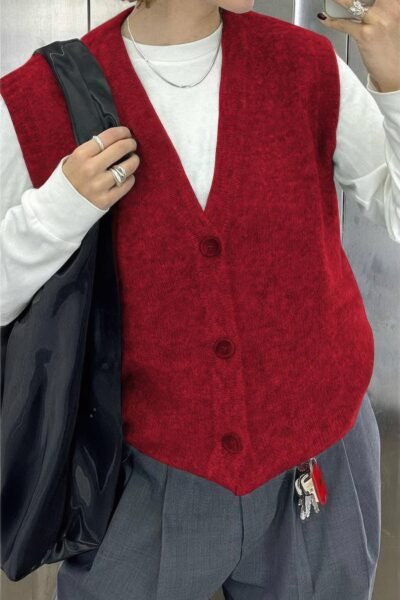 Solid V Neck Sleeveless Knitted Cardigan Vest