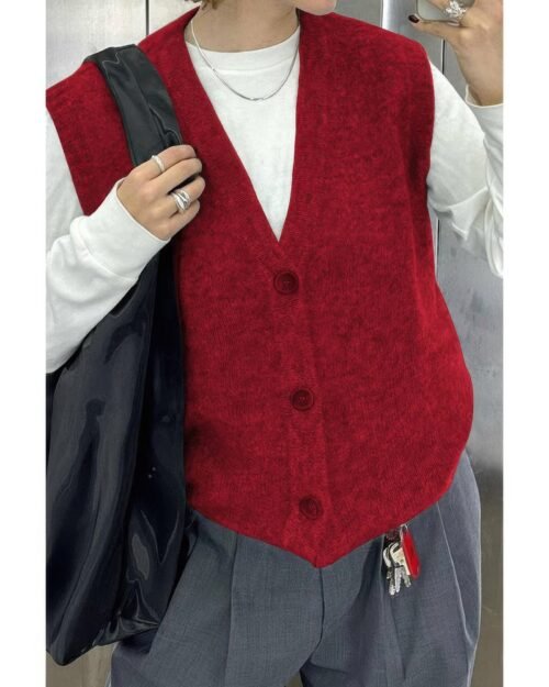 Solid V Neck Sleeveless Knitted Cardigan Vest
