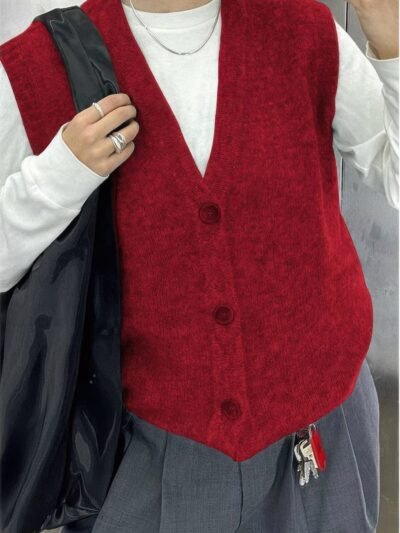 Solid V Neck Sleeveless Knitted Cardigan Vest