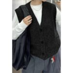 Solid V Neck Sleeveless Knitted Cardigan Vest