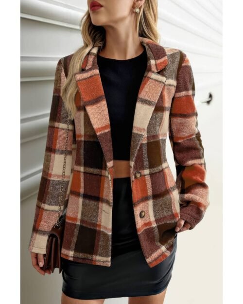 Plaid Lapel Collar Long Sleeve Button Coat