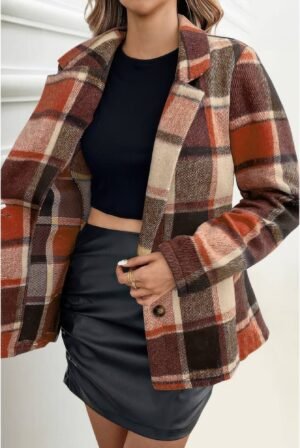 Plaid Lapel Collar Long Sleeve Button Coat