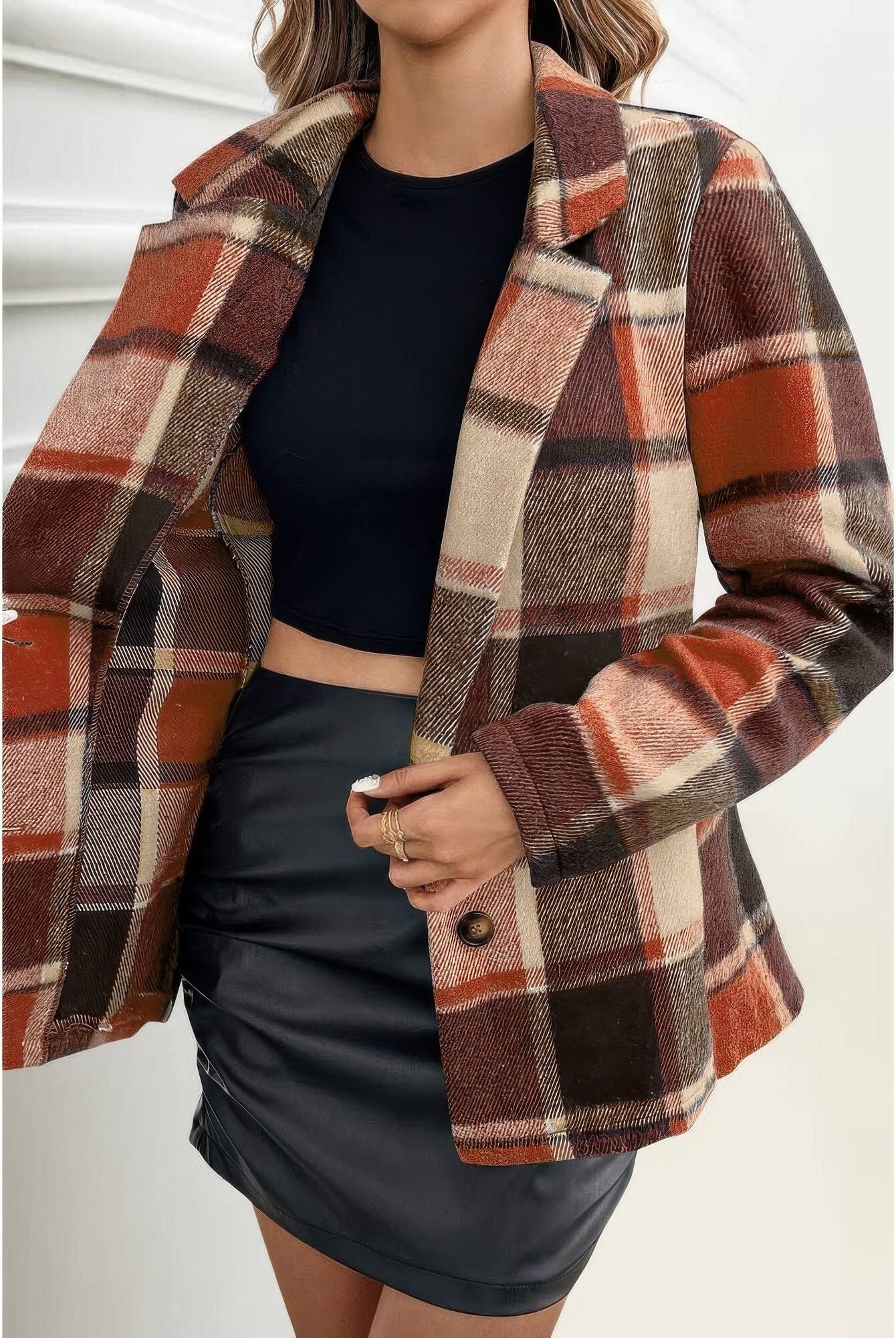 Plaid Lapel Collar Long Sleeve Button Coat Plaid Lapel Collar Long Sleeve Button Coat
