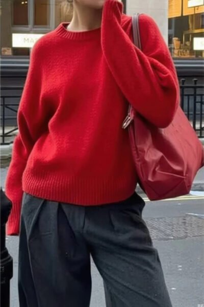 Solid Knit O Neck Long Sleeves Pullover Sweater