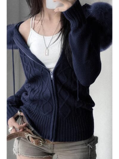 Solid Zipper Twist And Fur Stitching Jacket