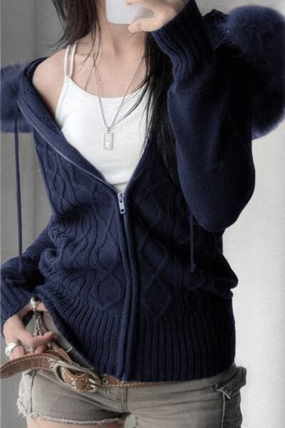 Solid Zipper Twist And Fur Stitching Jacket