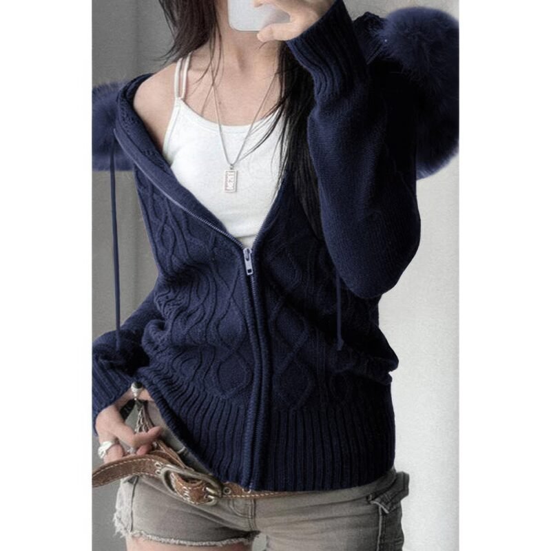 Solid Zipper Twist And Fur Stitching Jacket