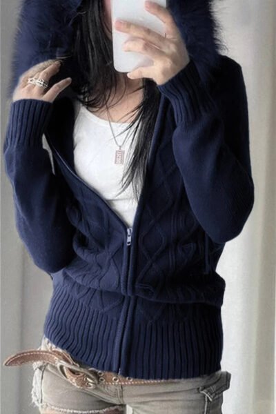 Solid Zipper Twist And Fur Stitching Jacket