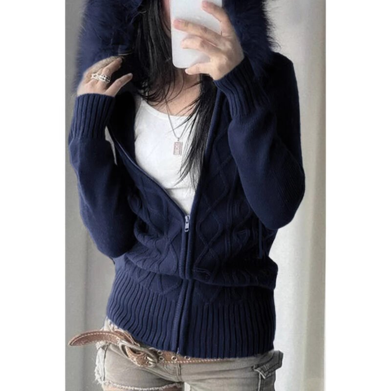 Solid Zipper Twist And Fur Stitching Jacket