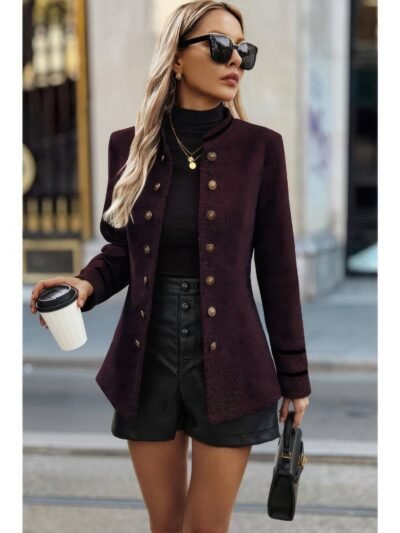 Solid Decorative Button Stand Collar Jacket