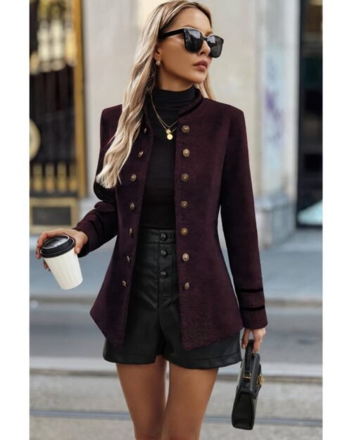 Solid Decorative Button Stand Collar Jacket