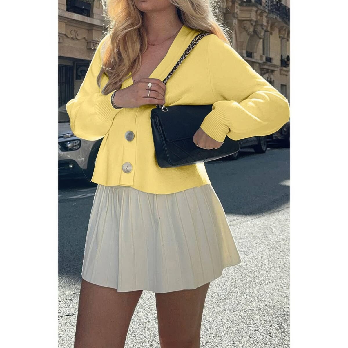 Solid Knit Button Up V Neck Knit Cardigan