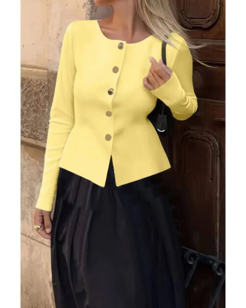 Knit Round Neck Button Up Long Sleeves Sweater