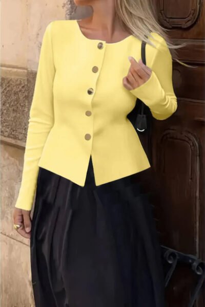 Knit Round Neck Button Up Long Sleeves Sweater