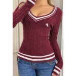 V Neck Cable Knit Long Sleeve Fit Sweater