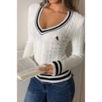 V Neck Cable Knit Long Sleeve Fit Sweater