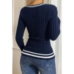 V Neck Cable Knit Long Sleeve Fit Sweater