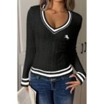 V Neck Cable Knit Long Sleeve Fit Sweater