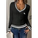 V Neck Cable Knit Long Sleeve Fit Sweater