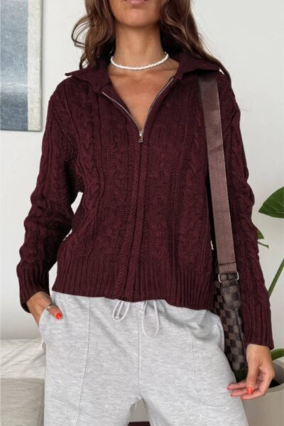 Solid Cable Knit Drop Shoulder Zipper Cardigan