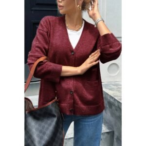 Knit Solid V Neck Button Pockets Sweater Knit Solid V Neck Button Pockets Sweater