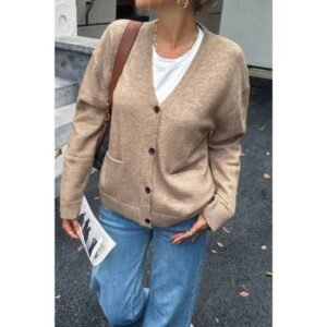 Knit Solid V Neck Button Pockets Sweater Knit Solid V Neck Button Pockets Sweater