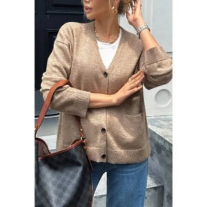 Knit Solid V Neck Button Pockets Sweater Knit Solid V Neck Button Pockets Sweater