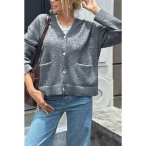 Knit Solid V Neck Button Pockets Sweater Knit Solid V Neck Button Pockets Sweater
