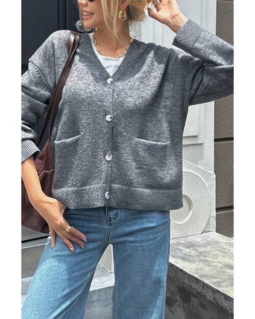 knit solid v neck button pockets sweater