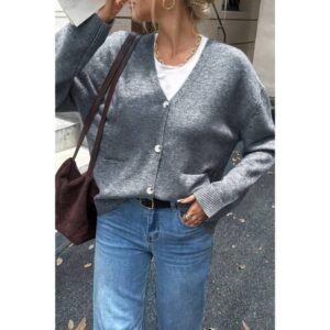 Knit Solid V Neck Button Pockets Sweater Knit Solid V Neck Button Pockets Sweater
