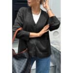 Knit Solid V Neck Button Pockets Sweater - Image 10