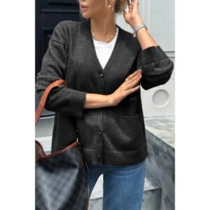 Knit Solid V Neck Button Pockets Sweater Knit Solid V Neck Button Pockets Sweater