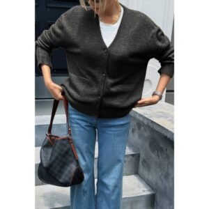 Knit Solid V Neck Button Pockets Sweater Knit Solid V Neck Button Pockets Sweater