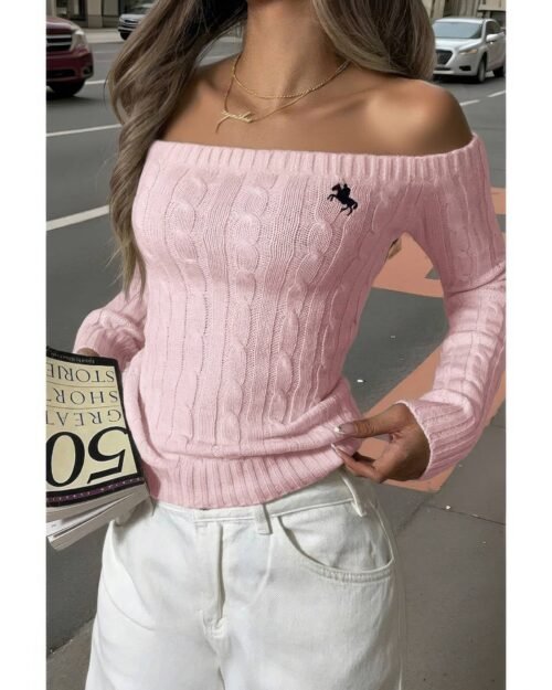 Off Shoulder Cable Knit Solid Long Sleeves Sweater