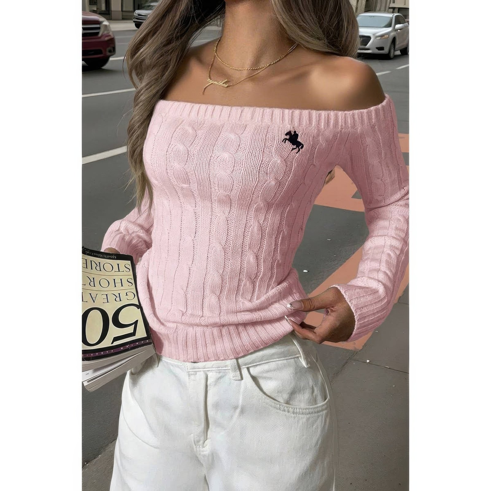 WH327937.jpg Off Shoulder Cable Knit Solid Long Sleeves Sweater - Image 1