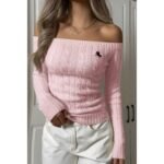 Off Shoulder Cable Knit Solid Long Sleeves Sweater - Image 2