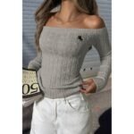 Off Shoulder Cable Knit Solid Long Sleeves Sweater - Image 6